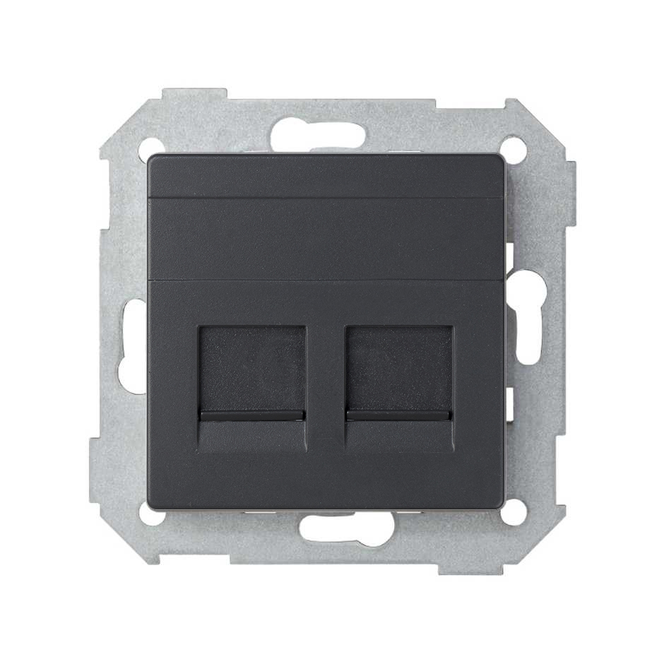 Placa de voz y datos plana con guardapolvo para 2 conectores RJ45 AMP® grafito Simon 82