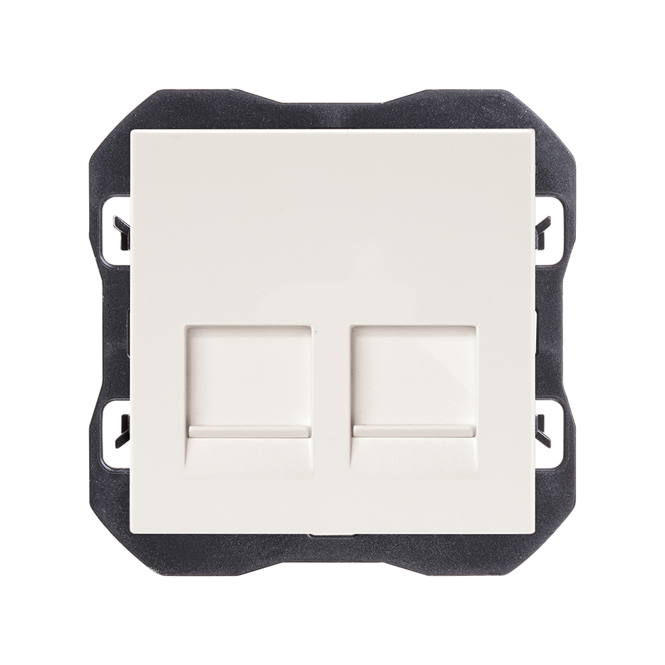 Tapa de voz y datos plana con guardapolvo con 2 conectores RJ45 blanco mate
