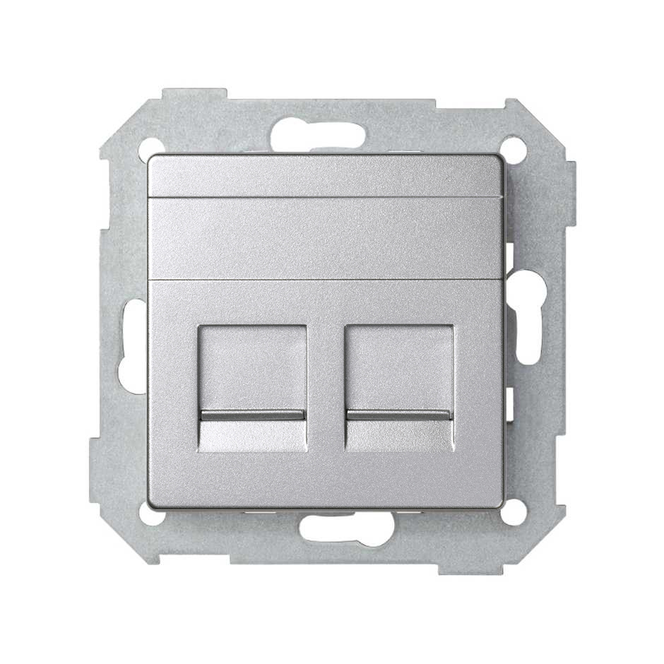 Placa de voz y datos plana con guardapolvo para 2 conectores RJ45 AMP® aluminio frío Simon 82