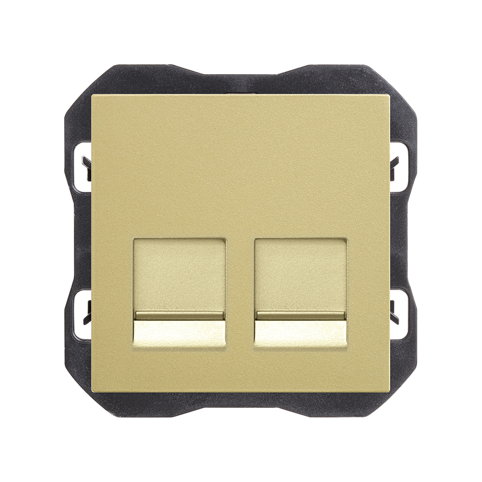 Tapa de voz y datos plana con guardapolvo con 2 conectores RJ45 bronce