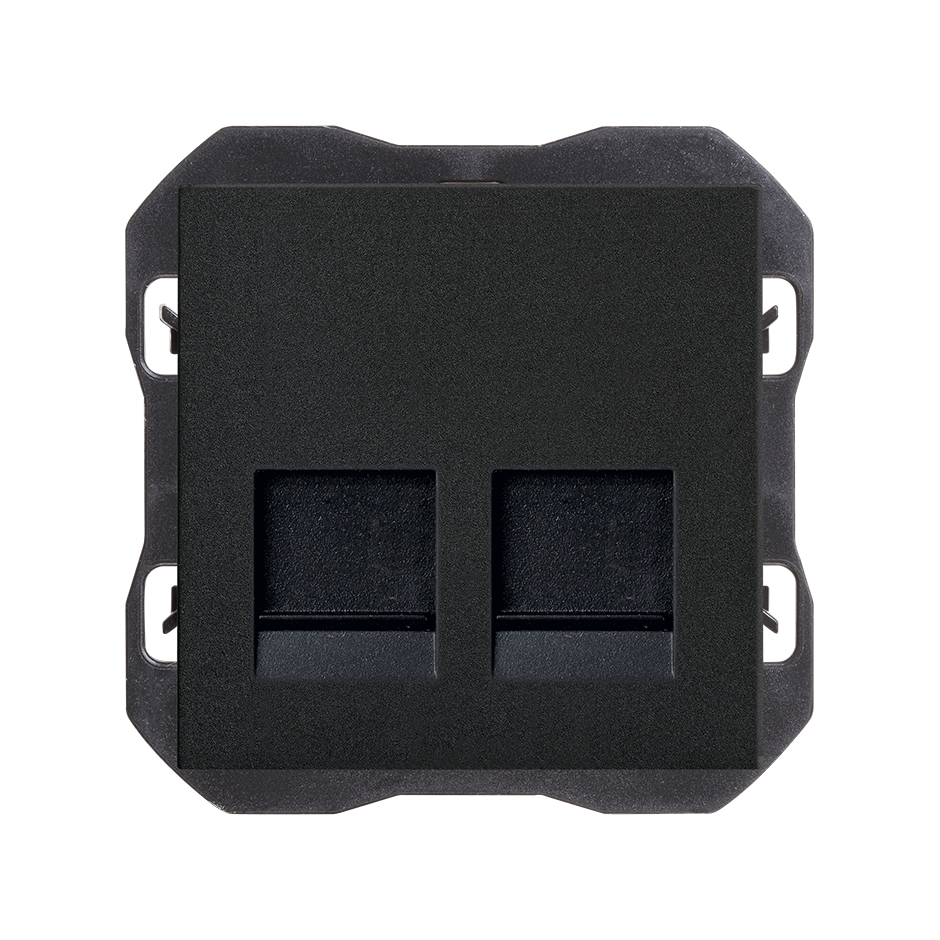 Tapa de voz y datos plana con guardapolvo con 2 conectores RJ45 negro mate
