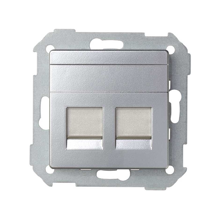 Placa de voz y datos plana con guardapolvo para 2 conectores RJ45 AMP®, en color aluminio Simon 82