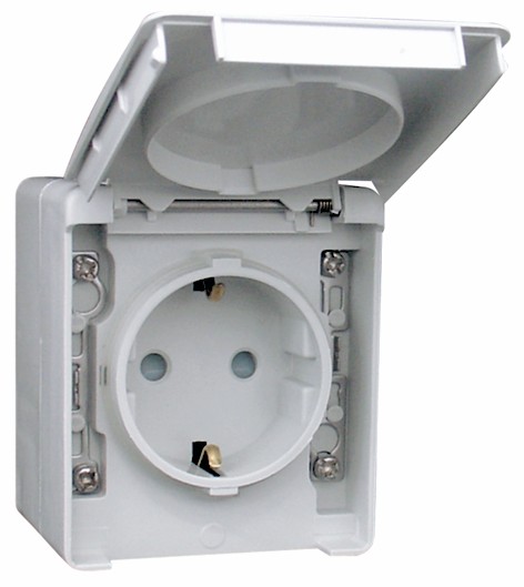 Base schuko con protección 16A 250V en color gris IP65