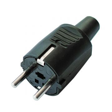 Clavija bipolar SCHUKO de goma con toma de tierra lateral y entrada de cable recta 16A negra