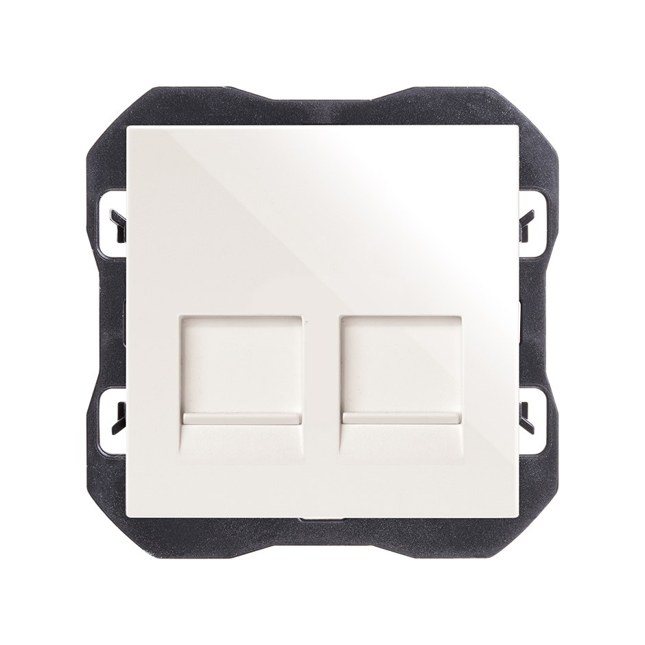 Tapa de voz y datos plana con guardapolvo con 2 conectores RJ45 blanco